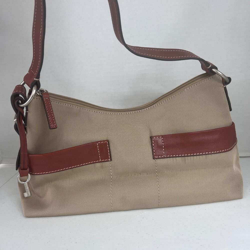 Fossil Tan Brown Nylon Leather Trim Shoulder Bag Handbag Purse